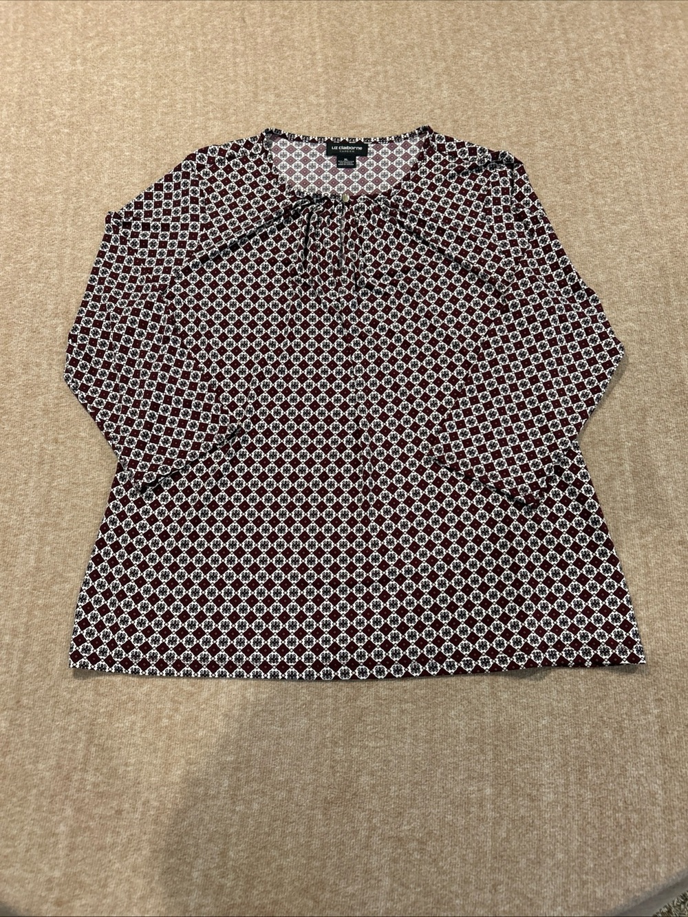 Women’s Liz Claiborne Maroon Geometric Tie-Neck Blouse Size XL